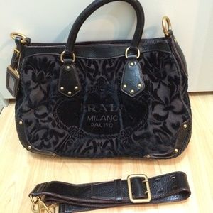 PRADA Crossbody Purse Bag Brown Velvet Embroidered